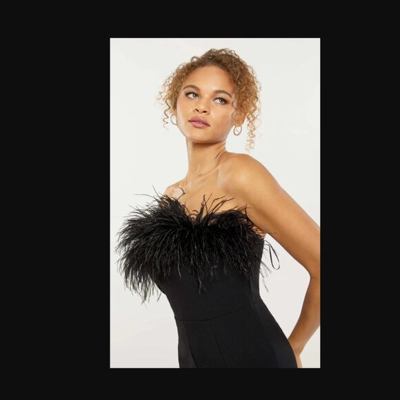 LIKELY DESI JUMPSUIT Black Ostrich Feather Trim NWT - Picture 3 of 12